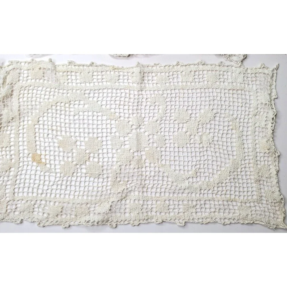 Antique Needle Lace Doilies 2 Cream Rectangle Handmade Floral Swirl Victorian